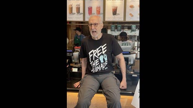 Footage shows 'Succession' actor James Cromwell protesting Starbucks' vegan milk upcharge at a New York City location, where he glued his hand to the counter.