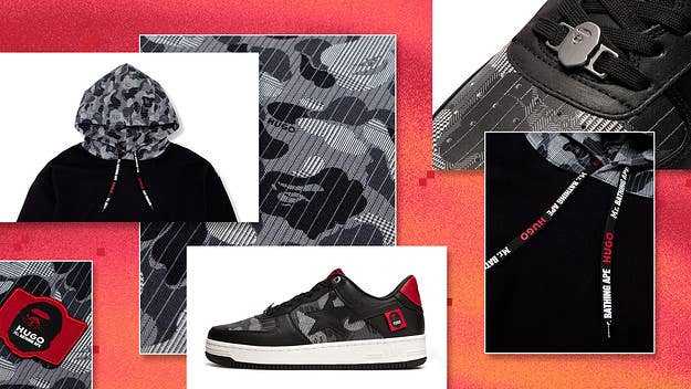 For ComplexLand 2022, HUGO Teamed Up With Mr. Bathing Ape® to Create a Fresh Limited-Edition Black, Gray, and Red Camouflage Bapesta Sneaker