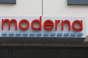A logo for the Moderna company is pictured
