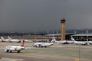 This picture taken on December 21, 2021 shows a view of aircraft at Israel's Ben Gurion Airport in Lod, east of Tel Aviv