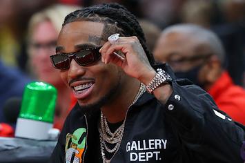 Quavo attends the game between the Brooklyn Nets and the Atlanta Hawks at State Farm Arena