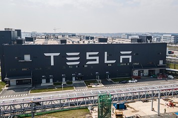 An aerial view of Tesla Shanghai Gigafactory