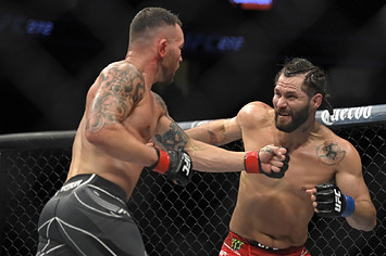 Colby Covington (L) and Jorge Masvidal battle in their welterweight fight during UFC 272.