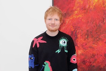 Ed Sheeran attends a private view of artist Jelly Green's new exhibition "Burn"