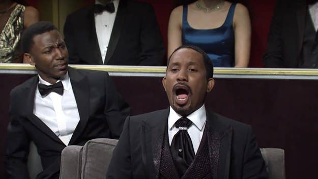 'Saturday Night Live' mocked Will Smith's Oscars slap in a skit starring comedian Jerrod Carmichael as a seat filler and Chris Redd as Will Smith.