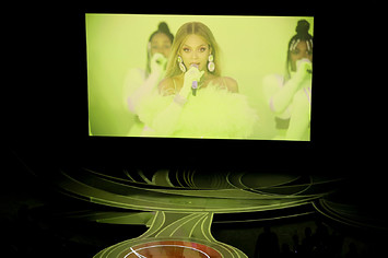 Beyoncé's performance is broadcast on a video screen during the 94th Annual Academy Awards.