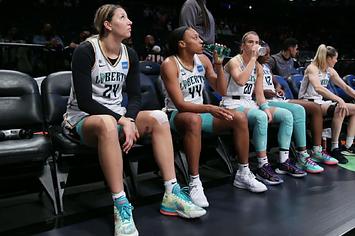 The New York Liberty bench looks on during the game against the Washington Mystics on July 3, 2021