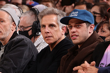 Ben Stiller and Pete Davidson court-side of a Dallas Mavericks and New York Knicks game
