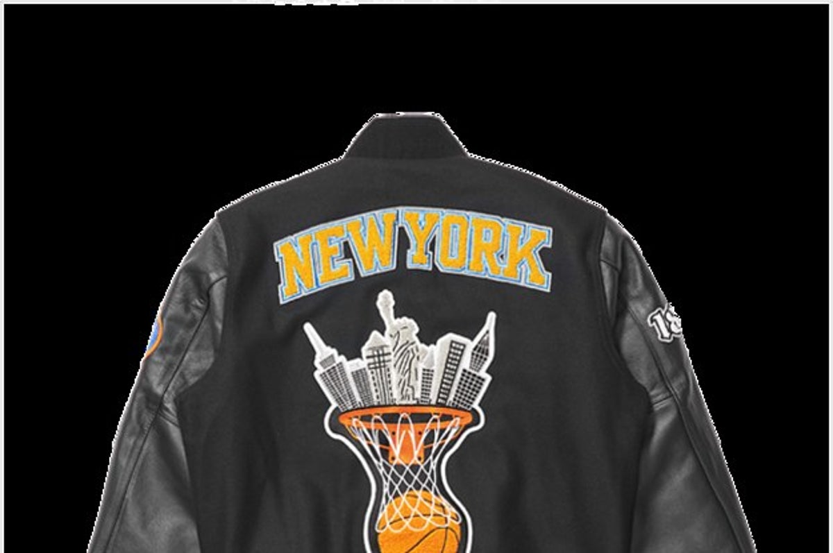 Nas Wearing New York Knicks Champion Baseball Jacket