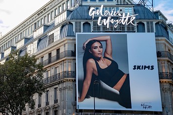 A SKIMS giant poster with Kim Kardashian West is displayed at the 'Galeries Lafayette'