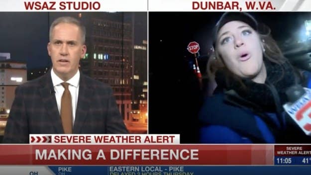 A West Virginia reporter was struck by a vehicle during a live broadcast. She got back up, fixed the camera, and kept reporting about the weather conditions.