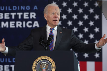 President Joe Biden is shown at the podium