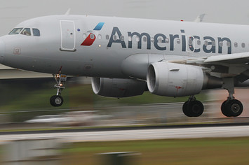 An American Airlines plane lands.