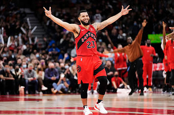 Toronto Raptors guard Fred VanVleet celebrates in game