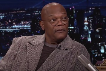 Samuel L Jackson is pictured speaking with Jimmy Fallon