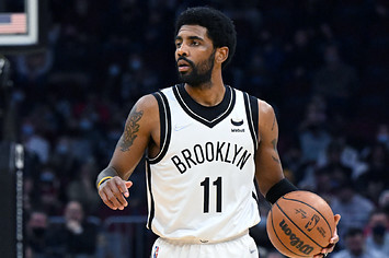 Kyrie Irving #11 of the Brooklyn Nets brings the ball up court during the second quarter against the Cleveland Cavaliers.