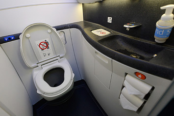 Photograph of the inside of a plane bathroom