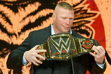 WWE champion Brock Lesnar is introduced at a WWE news conference at T-Mobile Arena