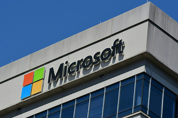 A logo for the Microsoft company building is pictured