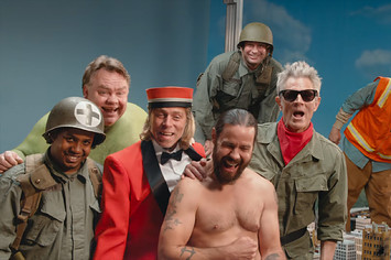 The cast of Jackass Forever, including new cast members Jasper and Poopies.