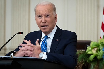 President Joe Biden is pictured speaking