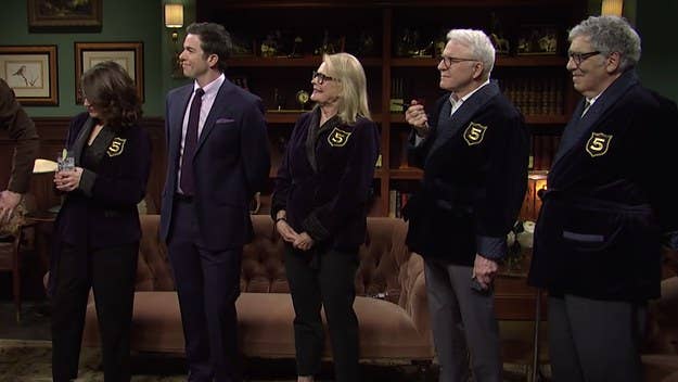 John Mulaney was welcomed into SNL's Five Timers club this weekend, in a sketch that included guest appearances from Steve Martin, Tiney Fey, and more.