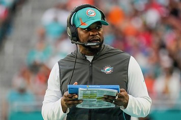 Head Coach Brian Flores of the Miami Dolphins in action against the New England Patriots