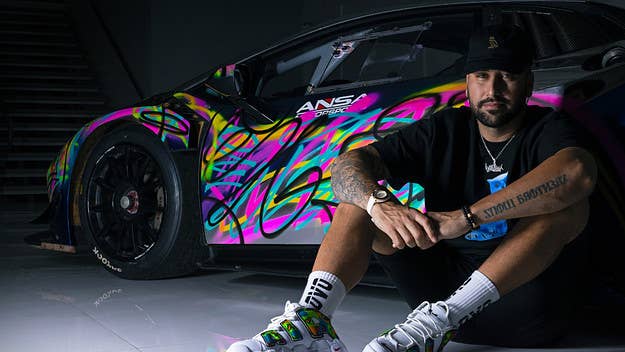 This month at Miami’s Art Basel, the Brazilian-Canadian street artist mounted an art installation in which he painted a Lamborghini Super Trofeo in the air.