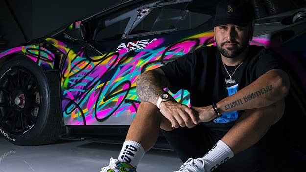 This month at Miami’s Art Basel, the Brazilian-Canadian street artist mounted an art installation in which he painted a Lamborghini Super Trofeo in the air.