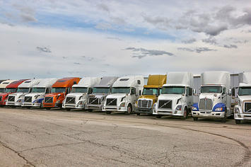 Trucks parked at a freight company in Mississauga, Ontario, Canada