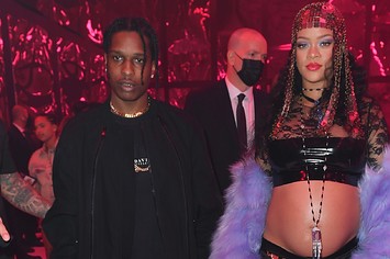 Asap Rocky and Rihanna are seen at the Gucci show during Milan Fashion Week Fall/Winter 2022/23