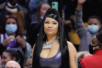 Rapper Nicki Minaj attends the game between the Los Angeles Clippers and the Los Angeles Lakers