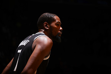 Kevin Durant #7 of the Brooklyn Nets looks on during the game against the New Orleans Pelicans.