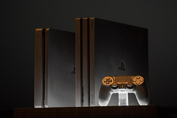 The PlayStation 4 hardware revision, and the PlayStation 4 Pro at Sony's reveal event in 2016.