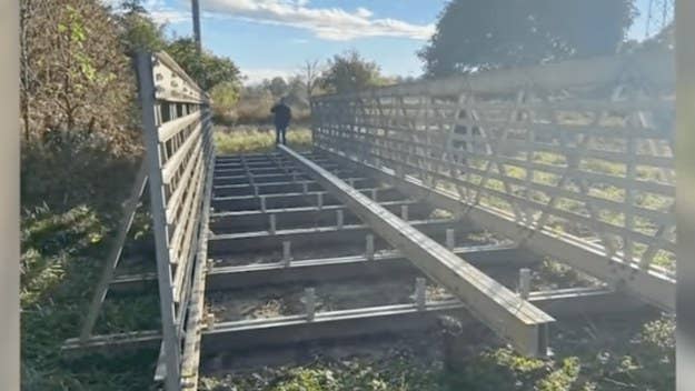 Akron police found the partially disassembled walkway in Sharon Township. A man identified as David Bramley. now faces charges of felony theft.