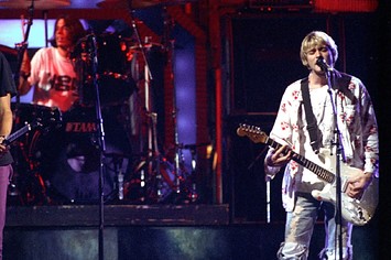 Dave Grohl, Kurt Cobain and Kirst Novoselic of Nirvana at the 1992 MTV Video Music Awards