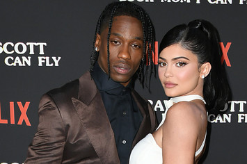 Travis Scott and Kylie Jenner appear on red carpet.