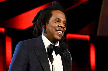 Jay Z is seen addressing attendees at the Rock Hall ceremony.