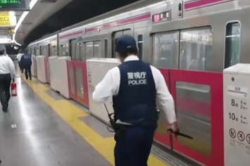 Police stand outside of a Tokyo train