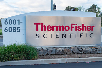 Sign and logo at the regional headquarters of biotechnology company Thermo Fisher Scientific.