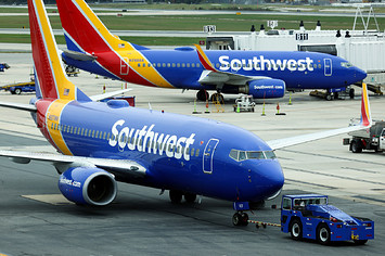 Southwest Airlines planes on the runway.