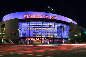 An exterior view of Staples Center in downtown Los Angeles .