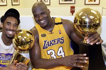 Shaquille O'Neal and Kobe Bryant after the 2000 NBA Finals