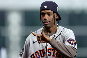 Rapper Travis Scott announces "play ball" prior to Game Six.