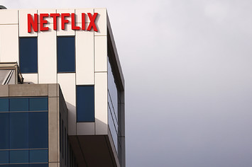 The Netflix logo is displayed at Netflix's Los Angeles headquarters on October 07, 2021 in Los Angeles.