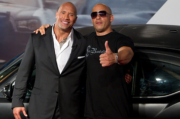 Dwayne Johnson and Vin Diesel pose for photo together.