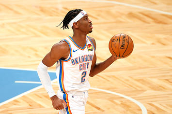 Shai Gilgeous-Alexander #2 of the Oklahoma City Thunder dribbles during the first half against the Brooklyn Nets