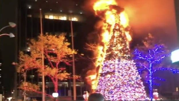 The Fox News headquarters in New York City had its 50-foot-tall Christmas tree set on fire last night, and an arson suspect has been arrested.
