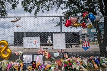 A memorial to those who died at the Astroworld festival is displayed outside of NRG Park
