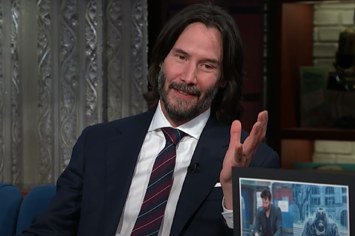 Keanu Reeves appears on Stephen Colbert's talk show.